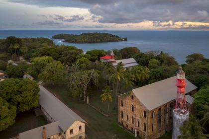 France, French Guiana, Kourou, Salvation Islands (Iles du Salut), Royal Island, which housed the administration, chapel and hospital of the penal colony, Saint-Joseph Island in the background (aerial view)