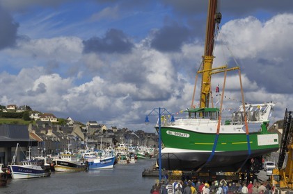 France, Calvados, Port en Bessin, the shipyard, launching of the Armany trawler