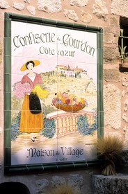 France, Alpes Maritimes, Gourdon village, labelled Les Plus Beaux Villages de France (The Most Beautiful Villages of France), mural for a sweetshop