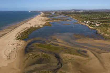 Portugal, Algarve, Ria Formosa Nature Park, Tavira, village of Cacela Velha beach (aerial view)