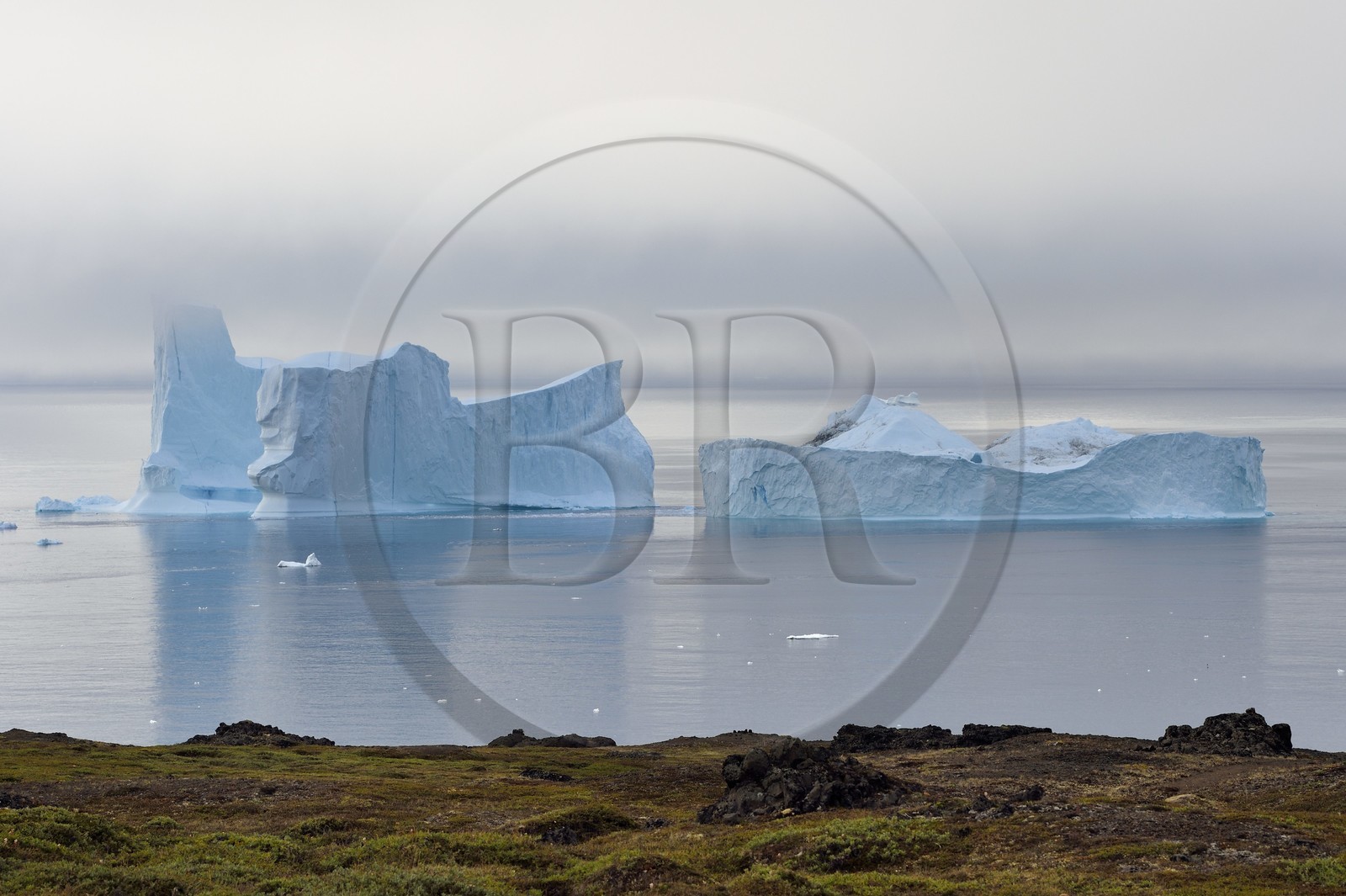 Groenland, cote ouest, Ile de Disko, Qeqertarsuaq, icebergs dans la brume le long de la côte