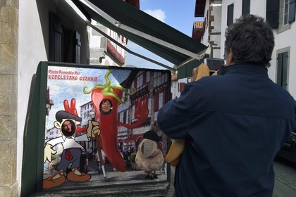 France, Pyrenees Atlantiques, Basque Country, Espelette, souvenir photo board