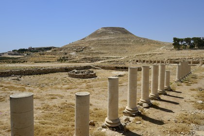 Israel, West Bank, Herodium or Herodion is a volcano-like hill with a truncated cone with a a fortress and palace build by Herod the Great (Herodion National Park), remains of the palace of the lower Herodium and its basin