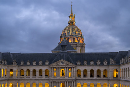 France, Paris, Hotel des Invalides, Army Museum, the Court of Honour and the dome of the Saint-Louis-des-Invalides Cathedral in the background, statue of Napoleon I as a corporal by Charles Émile Seurre