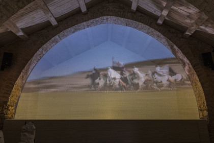 France, Aveyron, Causses and the Cévennes, cultural landscape of Mediterranean agro-pastoralism, listed as World Heritage by UNESCO, Sainte-Eulalie-de-Cernon, Templar Commandery then Hospitaller Commandery of the Order of Saint John of Jerusalem, screening of a film explaining the history of the presence of the Templars in Larzac under the roofs of the Commandery