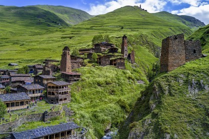 Georgia, Kakheti, Tusheti National Park, Alazani River Valley in the mountains of Pirikiti, village of Dartlo overlooked by Kvavlo (aerial view)