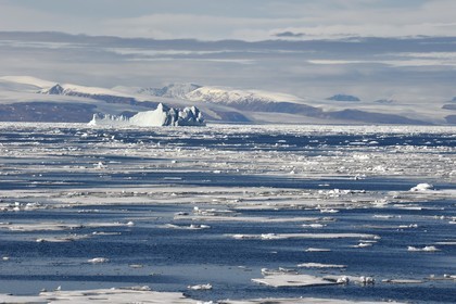 Groenland, cote Nord-Ouest, Smith sound au nord de la baie de Baffin, morceaux de glace de la banquise arctique et iceberg géant en arrière plan vers la côte canadienne de l'ile d'Ellesmere