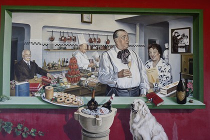 France, Rhone, Collonges au Mont d'Or, L'Auberge du Pont de Collonges Paul Bocuse Restaurant, painted wall portraying famous French chef Fernand Point and his wife
