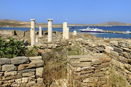 Greece, Cyclades islands, Delos, listed as World Heritage by UNESCO, the archaeological site of Delos, Apollo's Sanctuary, the most ancient city of the Aegean Sea, quarter of the Theatre