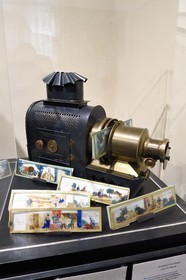 France, Aisne, Château-Thierry, Jean de La Fontaine Museum - city of Chateau-Thierry, magic lantern from the second half of the 19th century used to project the illustrations of the Fables