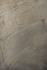 France, Gard, Saint Gilles du Gard, 12th-13th century Abbey Church of Saint-Gilles, classified as World Heritage by UNESCO under the routes to Santiago de Compostela in France, ruins of the old choir of the church, graffiti engraved in the former spiral staircase