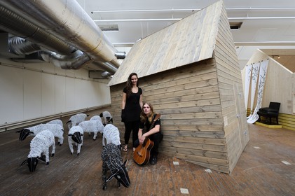 Norway, Rogaland County, Sandnes, A World of Folk (Stavanger 2008), Design Exhibition, the leaning hut by Laurens Manders and sheeps by Streetwires