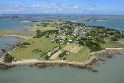 France, Morbihan, Gulf of Morbihan (Golfe du Morbihan), Artz island, town of Le Bourg (aerial view)