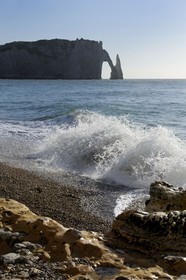 France, Seine Maritime, Pays de Caux, Cote d'Albatre, Etretat, the Aval Cliff and the Aiguille Creuse seen from the beach of the town