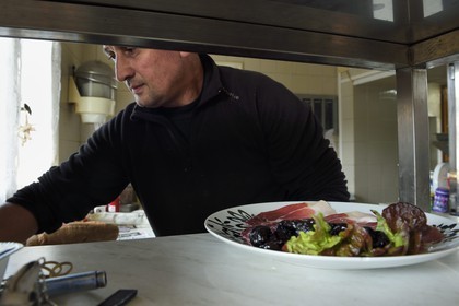 France, Corse du Sud, Prunelli river valley, Bastelica, Pascal Valentini who makes his own charcuterie and manages the hotel restaurant Chez Paul