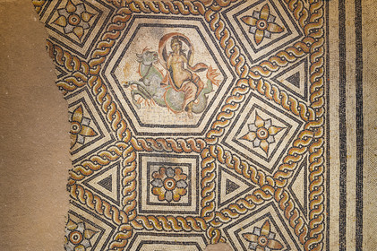 France, Gard, Nimes, Romanity museum (Musée de la Romanite), Roman mosaic depicting a Nereid riding a sea bull, late 1st - early 2nd century AD.