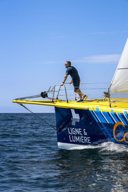 France, Vendee, Les Sables d'Olonne, skipper Manuel Cousin training on his 60-foot monohull sailboat IMOCA Coup de Pouce