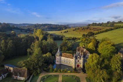 France, Calvados, Pays d'Auge, 15th and 16th century Saint Germain de Livet Castle labeled Museum of France (aerial view)