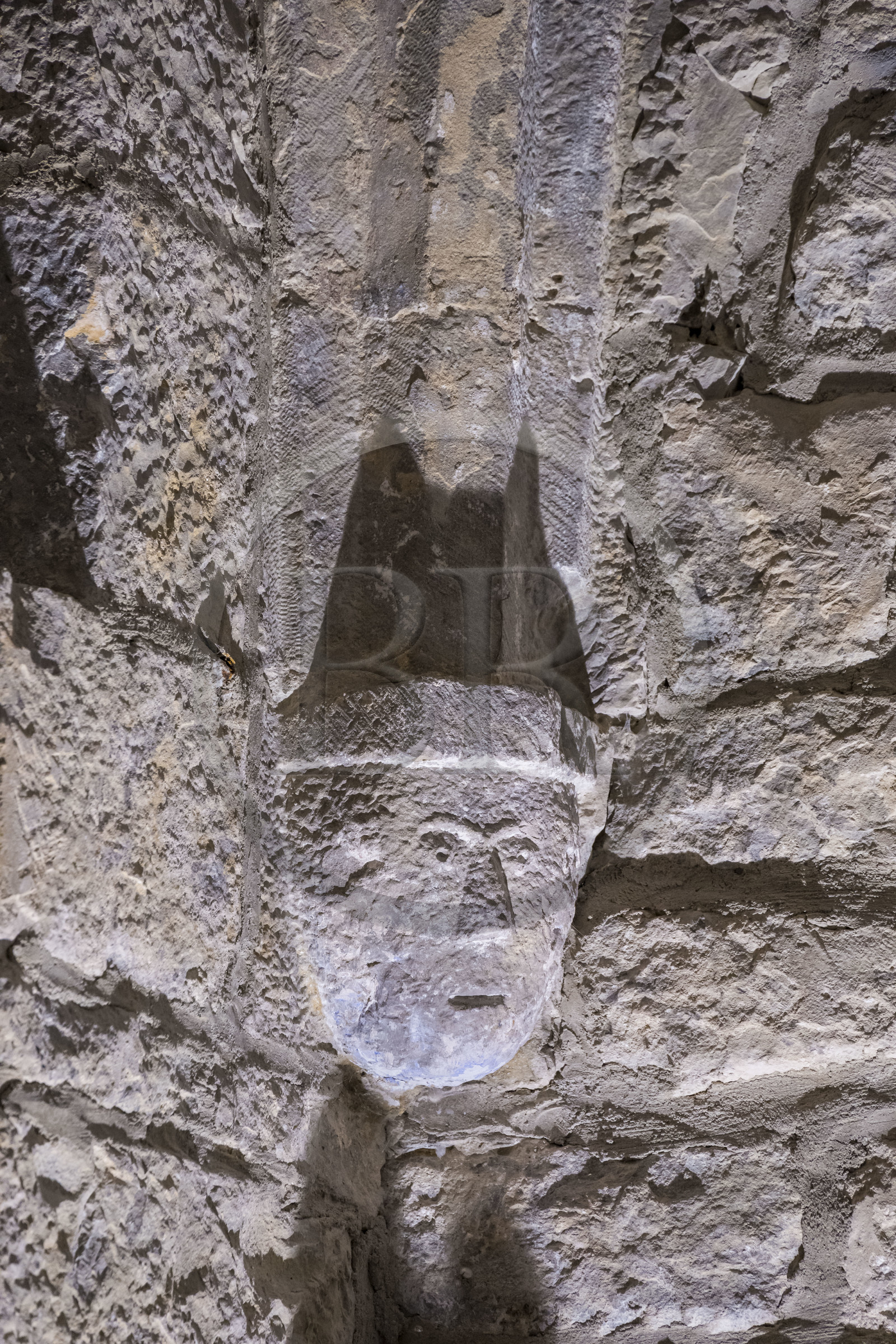 France, Aveyron (12), parc naturel régional des Grands Causses, le fort cistercien de Saint-Jean-d’Alcas, église  Saint-Jean de l'ancienne abbaye de Nonenque, figure sur un cul-de-lampe