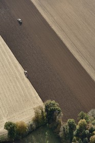 France, Morbihan, La Trinité-Porhoet, farming, plough (aerial view)