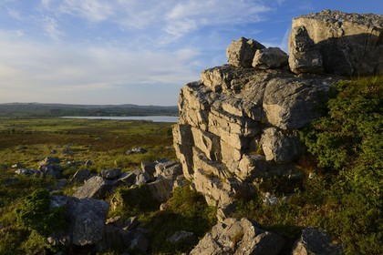 France, Finistere, Parc Naturel Regional d'Armorique (Armorica Regional Natural Park), Monts d'Arree, rock of Druid exorcisms of the marsh Yeun-Elez leading to the Youdig (one of the hell gates) overlooking the Saint-Michel reservoir