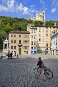 France, Rhone, Lyon, historical site listed as World Heritage by UNESCO, Vieux Lyon (Old Town), in Place St Jean under the Notre Dame de Fourviere Basilica