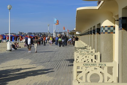 France, Calvados, Pays d'Auge, Deauville, the beach, Promenade des Planches (stage walk) in honour of the cinema directors and actors