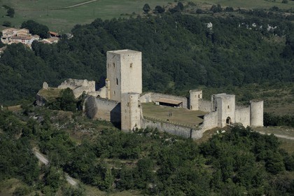 France, Aude, Chateau de Puivert, 12th century Cathar castle (aerial view)