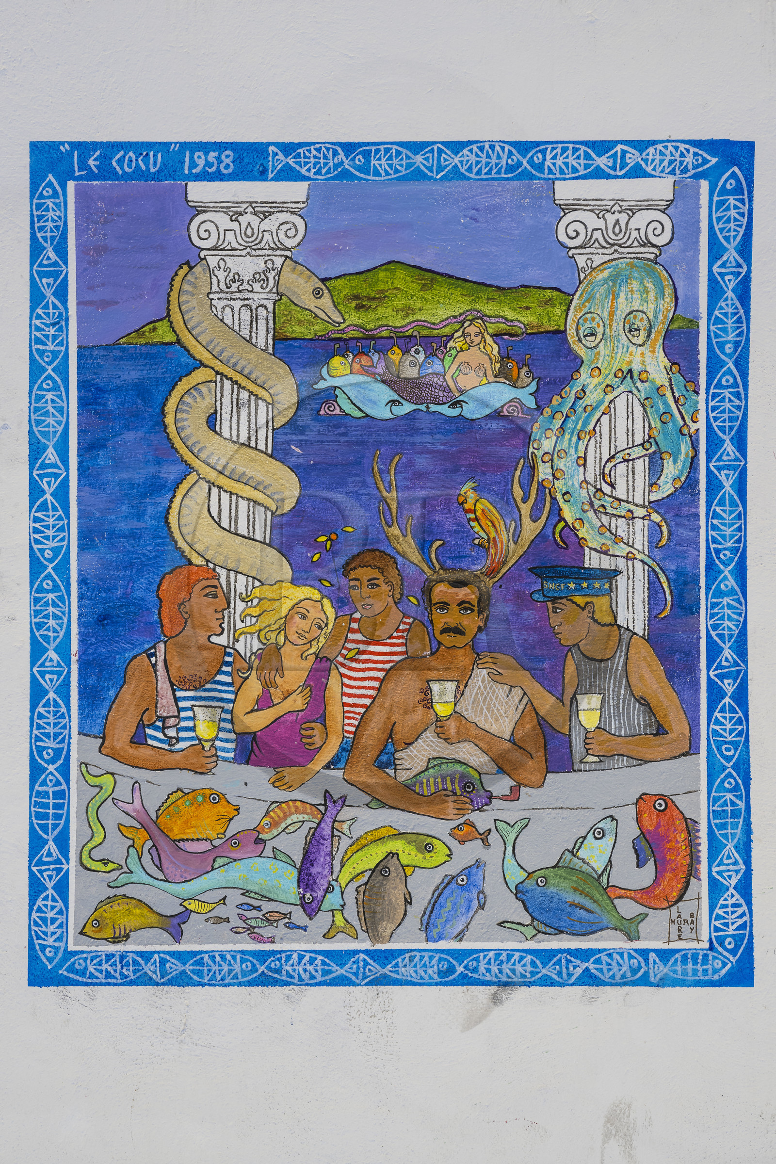 France, Hérault (34), Sète, peinture murale illustration de la chanson de Georges Brassens Le Cocu dans la rue de Tunis