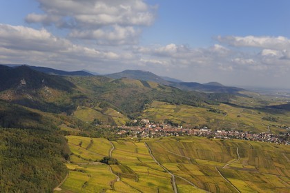 France, Haut-Rhin (68), Ribeauvillé et son vignoble au pied du massif des Vosges (photo aérienne)