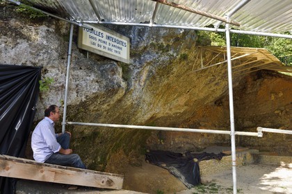 France, Dordogne, Perigord Noir, Vezere Valley, Les Eyzies de Tayac Sireuil, listed as World Heritage by UNESCO, Prehistoric shelter of Ferrassie Prehistoric shelter of Ferrassie where the remains of 7 Neanderthals were discovered, the curator of the Musee de la Prehistoire (Museum of Prehistory) Alain Turq also responsible for excavations