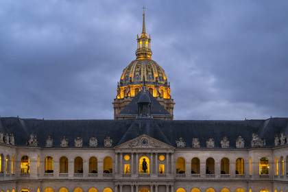 France, Paris, Hotel des Invalides, Army Museum, the Court of Honour and the dome of the Saint-Louis-des-Invalides Cathedral in the background, statue of Napoleon I as a corporal by Charles Émile Seurre