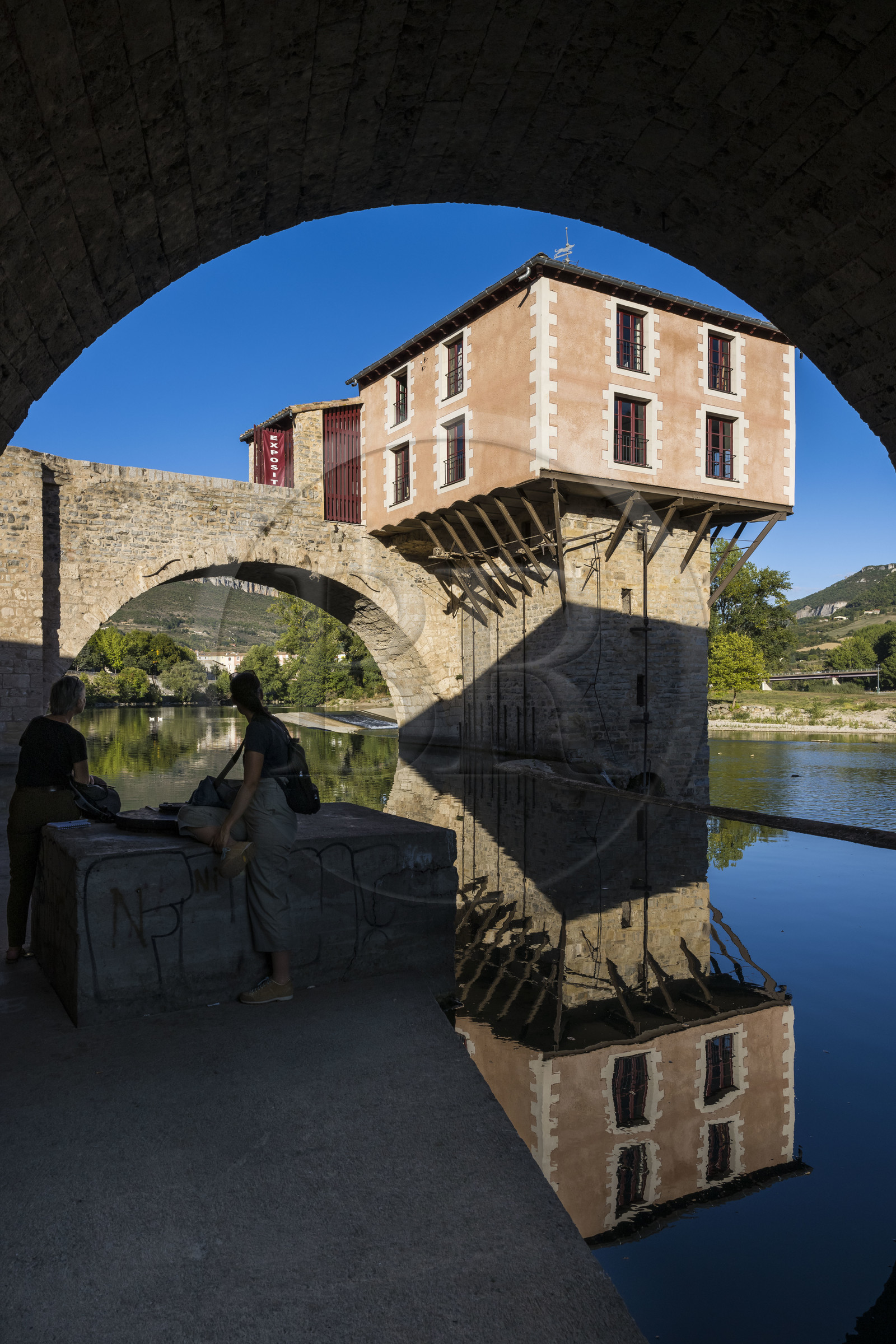 France, Aveyron, Millau, the Pont Vieux (old bridge) crossed the Tarn, the old mill on its second pile