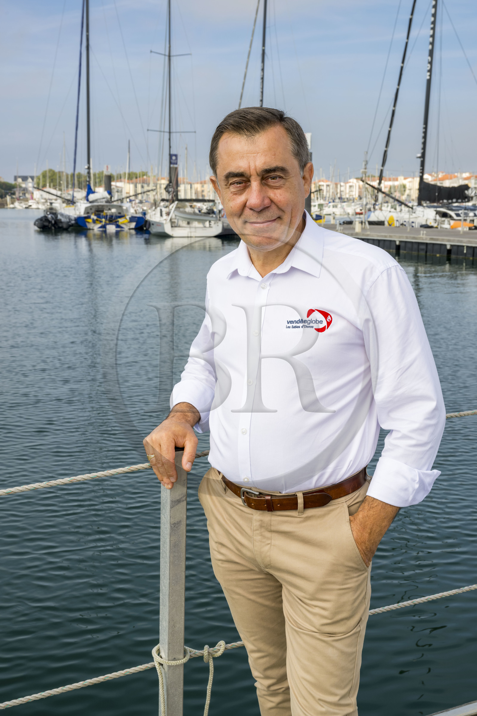 France, Vendee, Les Sables d'Olonne, Port Olona, Vendée Globe sailboat pontoon, the president of the Vendée Globe Alain Leboeuf