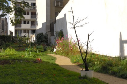 France, Paris, passage des Soupirs in Menilmontant, community gardens