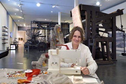 France, Haut Rhin, Mulhouse, Museum of Printed Textiles, Marie-Jo Gebel creator of the official Christmas fabric of the city of Mulhouse, here that of 2021