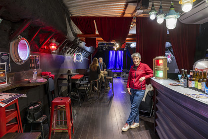 France, Yonne, Auxerre, the barge La Scène des Quais moored at the foot of the Passerelle de la Liberté, director Mathilde Pelen