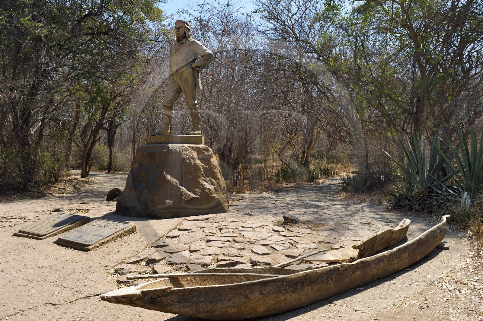 Zimbabwe, Matabeleland North Province,  Zambesi River, the Victoria Falls, listed as World Heritage by UNESCO, statue of the explorer Livingstone