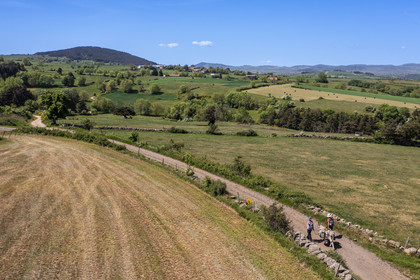 France, Haute-Loire (43), hiking with a donkey on the Robert Louis Stevenson Trail (GR 70) between Le Monastier-sur-Gazeille and Saint-Martin-de-Fugères (aerial view)
