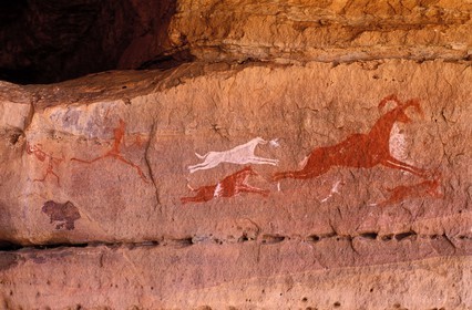 Libya, region of the desert, the Fezzan (Sahara), Tadrart Akacus, rock drawings, scene of wild sheep hunting (8000 years)