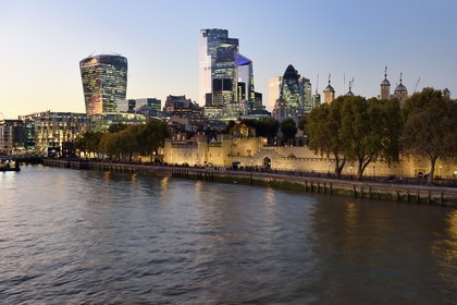 United Kingdom, London,  the River Thames, the Tower of London, the City with its skyscrapers, the tower known as the Walkie Talkie designed by architect Rafael Viñoly, Tower 30 St Mary Axe or Swiss Re Building also known as the gherkin designed by architect Norman Foster