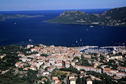 France, Corse du Sud, Porto Vecchio, old town overlooking the bay (aerial view)