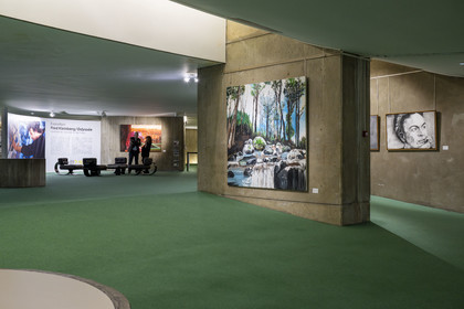 France, Paris, Place du Colonel Fabien, the Parti Communiste (French Communist Party) building by architect Oscar Niemeyer, opening of the Odyssey exhibition by artist Fred Kleinberg at Espace Niemeyer