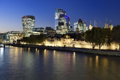 United Kingdom, London,  the River Thames, the Tower of London, the City with its skyscrapers, the tower known as the Walkie Talkie designed by architect Rafael Viñoly, Tower 30 St Mary Axe or Swiss Re Building also known as the gherkin designed by architect Norman Foster
