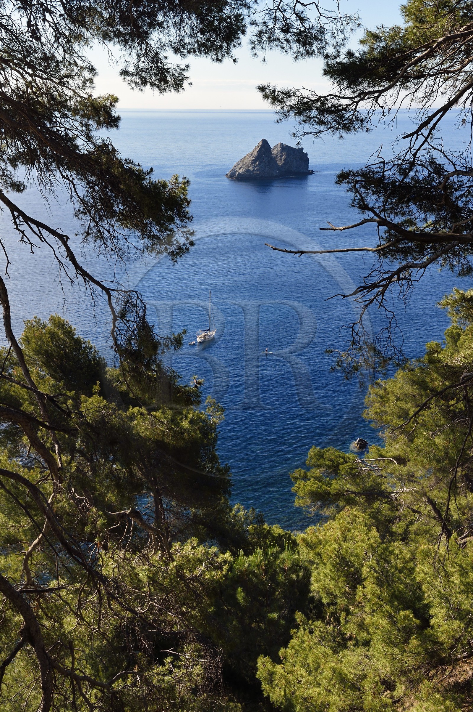France, Var (83), La Seyne-sur-Mer, randonnée dans le massif du Cap Sicié le long du chemin du Joncquet en contrebas de la Corniche Merveilleuse, le Rocher des Deux Frères