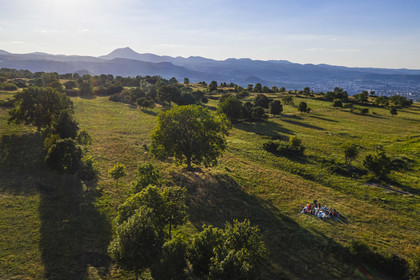 France, Puy-de-Dôme (63), plateau de Gergovie, site historique de la bataille entre les Arvernes et les légions de César en 52 avant Jésus-Christ, la Chaîne des Puys classée Patrimoine Mondial de l’UNESCO avec le volcan Puy de Dôme en arrière plan (vue aérienne)