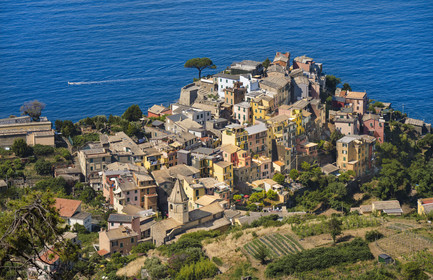 Italy, Liguria, Cinque Terre National Park listed as World Heritage by UNESCO, the village of Corniglia located at the top of a promontory overlooking the Mediterranean Sea at an altitude of about 100 m