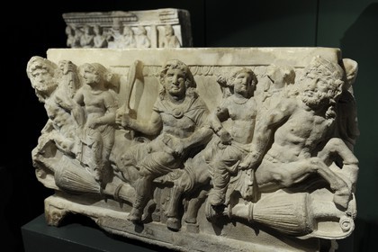 Italy, Tuscany, Val di Cecina, Volterra, Museo Etrusco Guarnacci (Guarnacci Etruscan Museum), albaster cinerary (funerary) urn