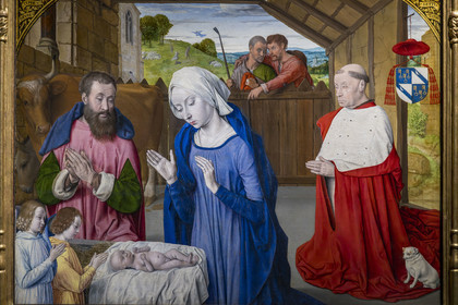 France, Saône-et-Loire (71), Autun, musée Rolin, exposition des chefs-d'oeuvres au muséum d'Histoire Naturelle pendant les travaux, Nativité avec le portrait du cardinal Jean Rolin (vers 1480) par Jean Hey dit le Maitre de Moulins