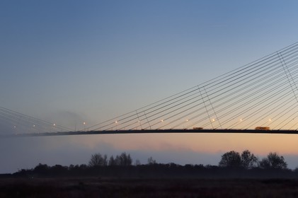France, between  Calvados and Seine Maritime, the Pont de Normandie (Normandy Bridge) at dawn, it spans the Seine to connect the towns of Honfleur and Le Havre